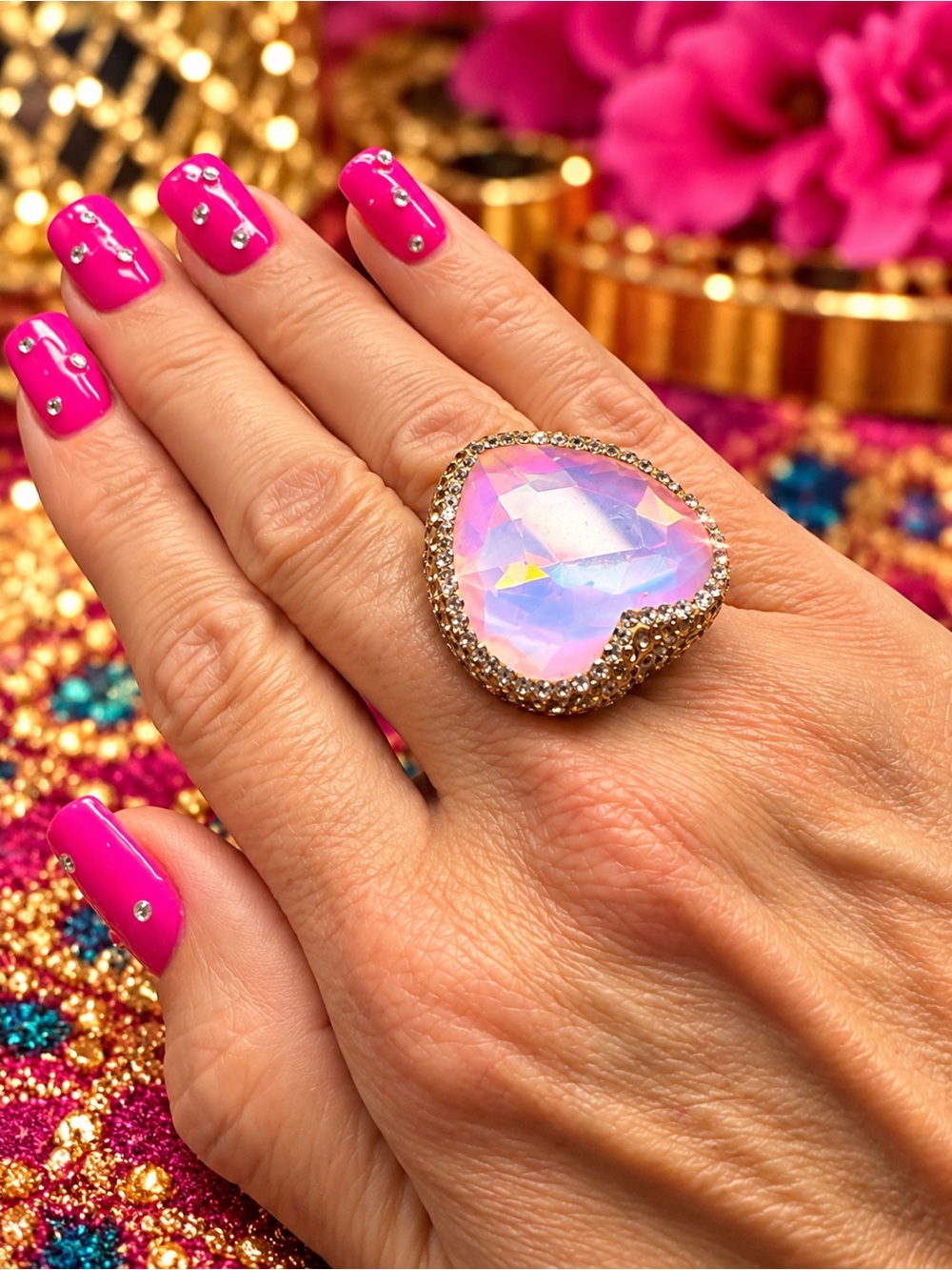 Gold Halo Pink Opal Heart Ring - Women Jewelry